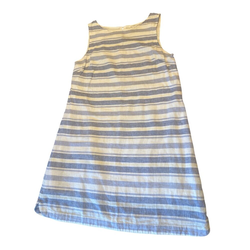 Beach Lunch Lounge Blue White Striped Sleeveless‎ Linen Blend Dress Med Coastal